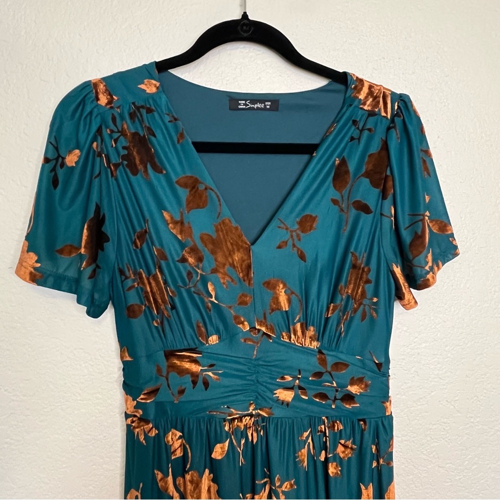 Simplee Floral Teal and Orange Flutter Sleeve V-Neck Maxi Dress Size Medium